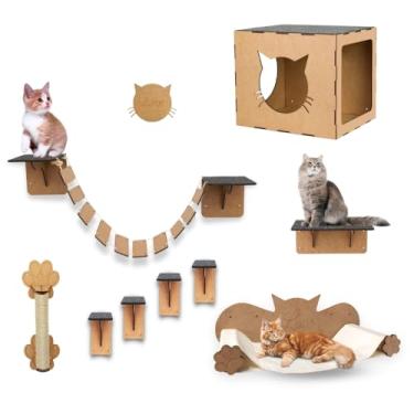 Imagem de MondoBox Parquinho para Gatos, Kit 9 Peças, Brinquedo em Mdf, Nicho, Arranhador, Rede, Prateleira, Degraus e Ponte de Madeira, Diversão e Conforto Pet
