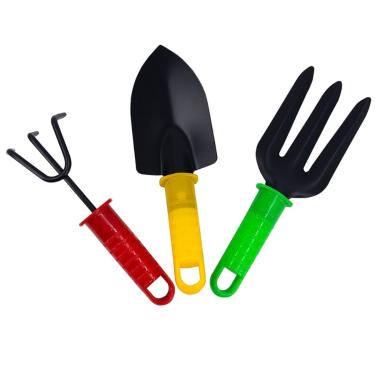 Imagem de Conjunto Jardinagem Horta Jardim Pá Rastelo Tridente metal cabo plástico resistente Kit 3 peças