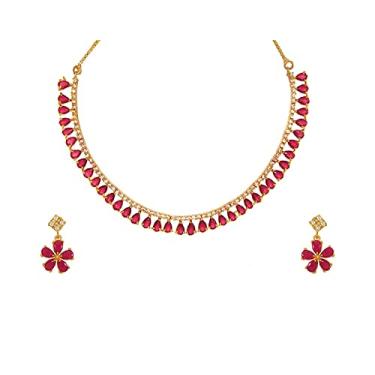 Imagem de Conjunto de colar indiano Bollywood JewarHaat AD CZ elegante banhado a ouro multi pedras cristais brilhantes gargantilha com brincos joias modernas para mulheres e meninas, Banhado a ouro, Zircônia cúbica