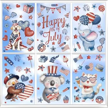 Imagem de Heirloom Haven 6 folhas de adesivos patrióticos de janela 4 de julho, aquarela, animais, fogos de artifício e estrelas, decalques de janela dupla face para decoração de vidro da loja do Dia da