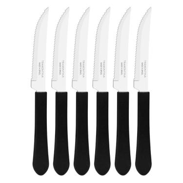 Imagem de Kit 6 Facas Mesa Churrasco Tramontina Leme Inox Cabo Preto