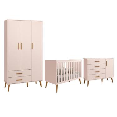 Imagem de Dormitório Infantil Isis Guarda Roupa 3 Portas, Cômoda 1 Porta e Berço - Reller Móveis Rosa