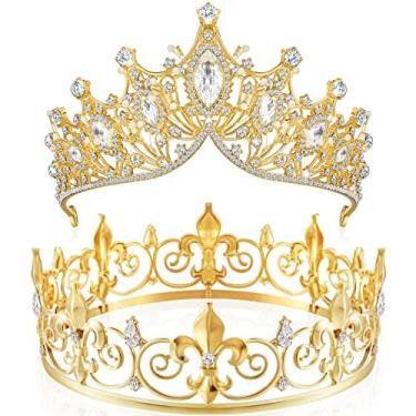 Imagem de 2 Coroas de Ouro pcs para homens Mulheres Rainha Barroca Rainha Coroa Rei Do Metal Príncipe Tiara Princesa Crystal Headband Rhinestone Festa de Baile