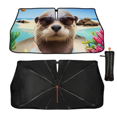 Imagem de Guarda-sol engraçado de lontra para para-brisa de carro, guarda-sol para janela frontal de carro, bloqueador de raios UV, protetor de para-brisa dobrável - Mantenha o veículo fresco para a maioria dos