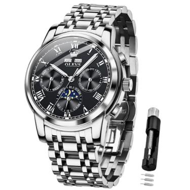 Imagem de OLEVS Relógio masculino automático, mecânico, corda automática, luxuoso, vestido de negócios, fase da lua, calendário de aço inoxidável, relógios de pulso para homens, à prova d'água, luminoso