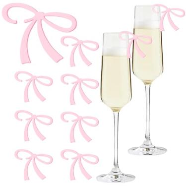 Imagem de FYSUIMU 48 peças de marcadores de bebida rosa claro coquete laço taça de vinho pingentes acrílico moderno etiqueta de bebida acessório para aniversário, casamento, despedida de solteira, Acrílico, Sem