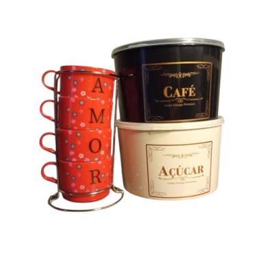 Imagem de Conjunto de Xícaras Empilháveis AMOR, 4 Peças de 200ml, com Flores, Suporte em Aço Inox + 2 potes (vermelho)