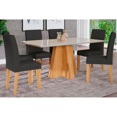 Imagem de Sala de Jantar Completa Patricia c/ Tampo Madeirado c/ Vidro Canto Reto 160x80m e 6 Cadeiras Maia Nature-Madeirado/Linho Grafite - Cimol