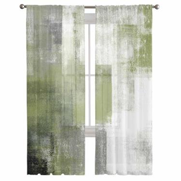 Imagem de Cortinas semitransparentes 213 cm C, cortinas com bolso para varão, arte abstrata, verde sálvia, pintura manchada, textura clássica, tratamentos de janela, filtro de luz para sala de estar, cozinha