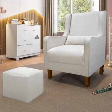 Imagem de Poltrona De Amamentação Fixa Sophia Com Puff Reto E 1 Almofada Bouclé Bege