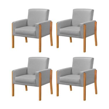 Imagem de Kit 4 Poltronas Sala De Espera Pés Em Madeira Santorini Linho Cinza - Cinza