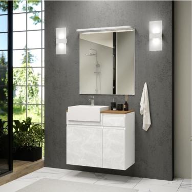 Imagem de Gabinete Para Banheiro Com Led, Cuba E Espelheira 80cm Cora Branco Cristal Amêndoa