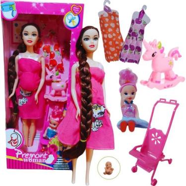 Imagem de Brinquedo De Menina Boneca Gravida C Bebê Com Roupinhas e Acessórios B