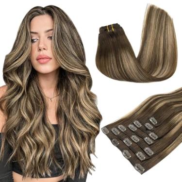 Imagem de MAXITA Extensões De Cabelo Com Grampos, Humano, 14" 7 Peças 120G, Balayage Castanho Chocolate A Loiro Caramelo Natural Longo