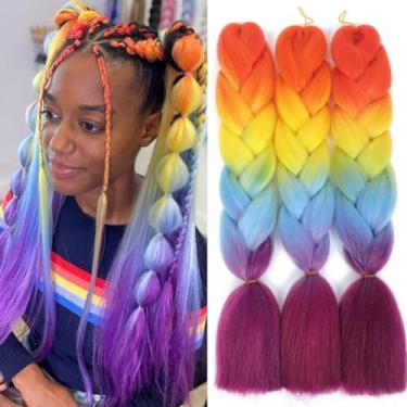Imagem de FEEL ME Pacote Com 3 Tranças Coloridas De Crochê Sintético Arco-Íris 24 Polegadas, Extensões Jumbo Ombré (Cor Arco-Íris, Peças)