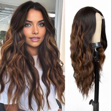 Imagem de Haoland Perucas De Renda Marrom Com Mechas Mistas 26" Para Mulheres, Parte Do Meio, Peruca Longa E Cacheada, Cabelo Sintético Resistente Ao Calor Aparência Natural, Fibra Uso Diário Em Festas