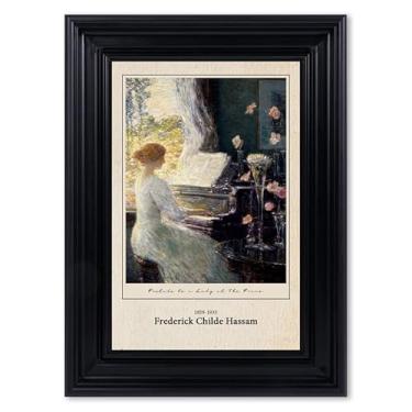 Imagem de Zzudis Arte de parede em tela emoldurada com retrato vintage, mulher retrô pelo piano, arte impressionista, decoração de casa para escritório, sala de estar ou sala de música - 30,5 x 40,6 cm em