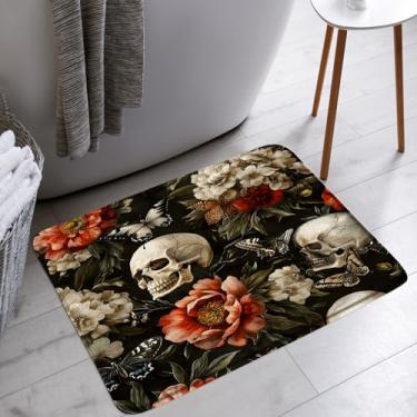 Imagem de KTGHA Tapete de banho floral crânio de açúcar assustador Halloween gótico flor borboleta esqueleto planta vintage místico banheiro banheira tapetes de chão capacho decoração de vaso sanitário, 45,7 x