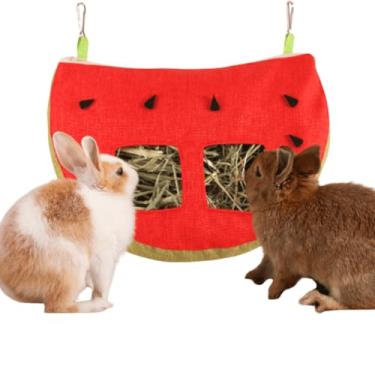 Imagem de Bolsa alimentadora de feno de coelho para gaiola de porquinho-da-índia Timothy dispensador de feno manjedoura para pendurar grande menos resíduos para coelhos cobaias chinchila (melancia)