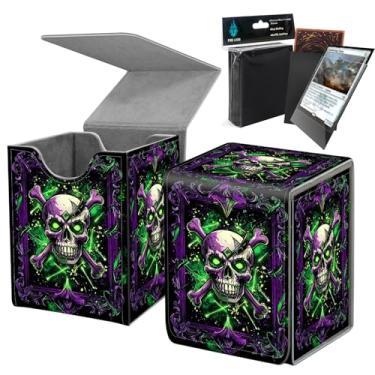 Imagem de Deck Box MTG com protetores de cartão, comporta 80 cartas de jogos de manga, caixa de baralho com fecho magnético forte, mantém os cartões seguros, moldura roxa de esqueleto