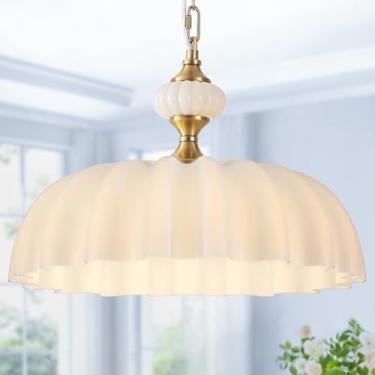 Imagem de Yarlkav Lustre De Vidro Floral Vintage - Luminária Pendente Ajustável 15,7" Com Flor Branca Para Ilha Cozinha, Sala Jantar, Quarto, Decoração Moderna Fazenda