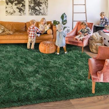 Imagem de Quntue Tapetes para sala de estar, 15 x 23 cm, tapete macio e felpudo moderno para quarto, tapete fofo antiderrapante para crianças, meninos, meninas, decoração de casa, estética, verde escuro