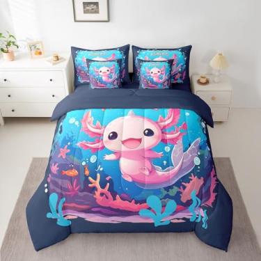 Imagem de Jogo de cama casal de 7 peças Axolotl com desenho animado, salamandra, edredom com lençol de cima, fronhas e fronhas para adultos, kawaii, oceano, azul escuro, rosa para todas as estações, macio para