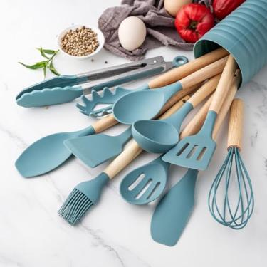 Imagem de KSENDALO Conjunto de utensílios de cozinha de silicone com suporte de 12 peças - utensílios de cozinha com cabo de madeira, espátula resistente ao calor, colher, espátula para cozinhar, assar, fritar