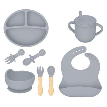 Imagem de Kit Introdução Alimentar Bebê 8 Peças Silicone – Livre de BPA, Atóxico, Antibacteriano – Colher, Garfo, Copinho, Pote e Pratinho – Seguro, Colorido e Flexível (Cinza)