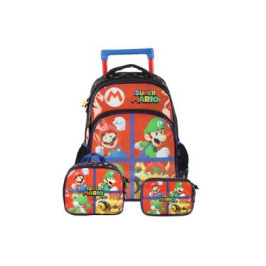 Imagem de Kit Mochila Rodas Super Mario Infantil Lancheira Estojo Box, Vermelho
