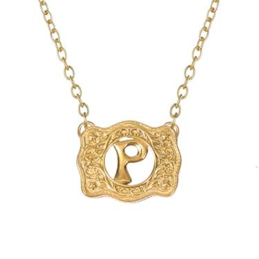 Imagem de SENFAI Colar com fivela de cinto em ouro 14K, estilo ocidental, com pingente de letra inicial, design decorativo com fivela de cinto, Small, Latão, Sem Pedra Preciosa