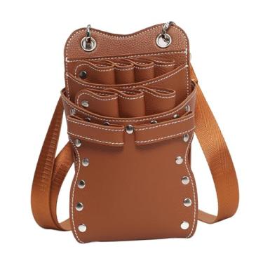 Imagem de harayaa Bolsa de tesoura para cabeleireiro, bolsa portátil resistente de couro PU, de ferramentas para cabeleireiro, barbeiro e tosador de animais de, Marrom