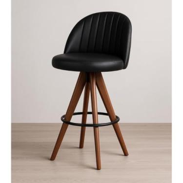 Imagem de Banqueta Giratória com Assento Estofado e Base em Madeira Castanho – Lara Exclusiva Courino Durango Preto