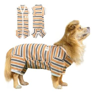 Imagem de Pijama listrado colorido para cachorrinhos com 4 leggings para cães e machos da TONY HOBY elástico macacão para cães de malha para primavera e verão macacão para cães pequenos e médios (G, marrom-meninos)