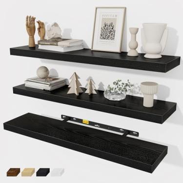 Imagem de Fun Memories Conjunto de 3 prateleiras flutuantes de 76 cm, prateleiras de parede pretas para cozinha, sala de estar, prateleiras de banheiro montadas na parede em preto, 76 x 17 x 3,5 cm