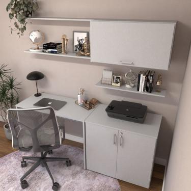 Imagem de Escrivaninha com Armário Baixo e Aéreo com Chave 200cm Modular Kitcubos Cinza