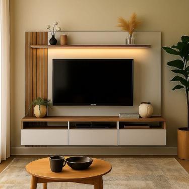 Imagem de Painel para Tv 75 Polegadas com Led Ripado 3 Gavetas e Nichos Solanum/Branco