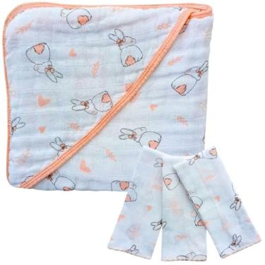 Imagem de Kit Toalha de Banho Bebê com Capuz Fralda Grossa 100% Algodão + 3 Panos de Boca Babete Enxoval Menino Menina (Coelha)