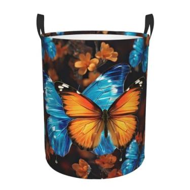 Imagem de Cesto de lavanderia com borboletas azuis e laranja, dobrável, impermeável, cesto de armazenamento de roupas com alças, pano Oxford, organizador de brinquedos, cesta para banheiro, lavanderia, quarto