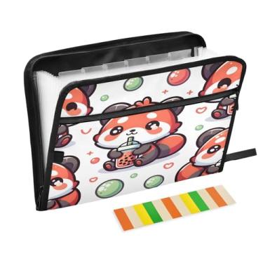 Imagem de Panda vermelho fofo com bolha de chá, pasta de arquivos expansível, 13 bolsos, organizador de arquivos sanfonado com etiquetas adesivas, zíper portátil, organizador de documentos A4 para casa
