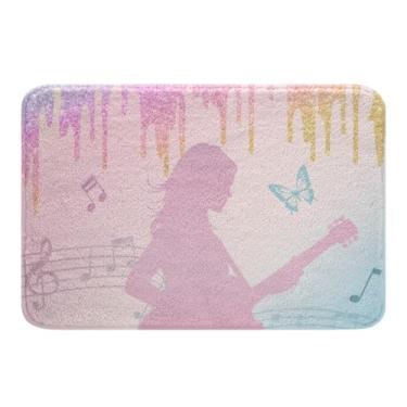 Imagem de jejeloiu Tapetes de banheiro para meninas cantoras rosa música guitarra tapetes de banho 50,8 x 81,3 cm glitter moda feminina tapetes de banho decoração de quarto leve macio antiderrapante absorvente