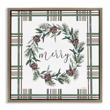 Imagem de Stupell Industries Merry Wreath on Green Plaid Brown Framed Floater Canvas Wall Art Design por Elizabeth Tyndall, 18 x 18
