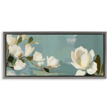 Imagem de Stupell Industries Arte de parede em tela flutuante cinza com flores de magnólia água-marinha por Elara Yasna, 35 x 78 cm