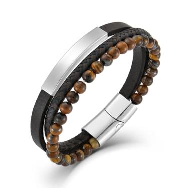 Imagem de Raymard Pulseira masculina masculina com contas de pedra vulcânica ônix preta ônix e olho de tigre, pulseira de couro trançado preto para homens, 8.3“, Couro, Olho de tigre