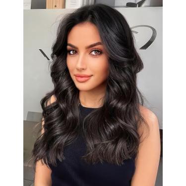 Imagem de Nnzes Perucas longas pretas escuras com franja para mulheres, comprimento médio, onduladas, com franja, peruca natural, resistente ao calor, charmosa, cabelo sintético para uso diário em festas, 56 cm