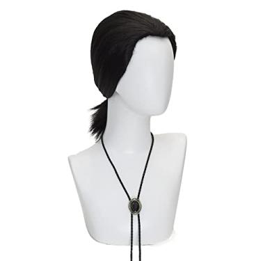 Imagem de TSNOMORE Peruca masculina de cosplay dos anos 70, hippie, curta, reta, preta, peruca de fantasia de Vincent Vega com pico de viúvas + 1 gravata bolo, peruca de cosplay de festa à fantasia de Halloween (Vincent Vega)
