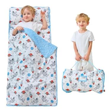Imagem de Lasoftan Tapete de cochilo infantil com travesseiro e cobertor, tapetes de cochilo enrolados extragrande, sacos de dormir para meninos e meninas, saco de dormir infantil para creche, 53 cm x 127 cm