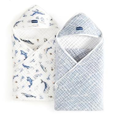 Imagem de GRSSDER Toalha com capuz de algodão musselina absorvente ultra macia pacote com 2 com padrões originais, tamanho extra grande 89 cm x 89 cm envoltório para recém-nascidos e crianças pequenas