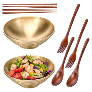 Imagem de ZJRDYYK Tigela de macarrão de aço inoxidável, tigela de ramen resistente ao calor de aço inoxidável de 1050 ml, conjunto de tigelas de sopa de ramen de tamanho grande com colheres de pauzinhos e