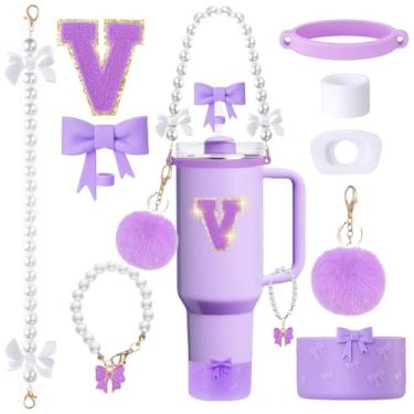 Imagem de MOTEERLLU Conjunto de acessórios de copo Stanley roxo de 9 peças para copo de 850 g 1,757 g com alça, incluindo enfeite de palha de arco e bota, alça de alça de pérola e pingente de alça, adesivo de
